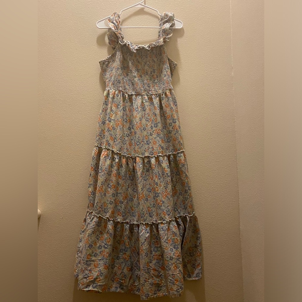 Floral smocked cottage core floral blue maxi dress size medium